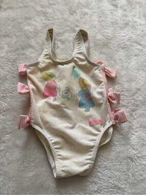 Vintage Absorba France Baby Swimsuit Polka Dot Bow Tie One Piece 3-6M